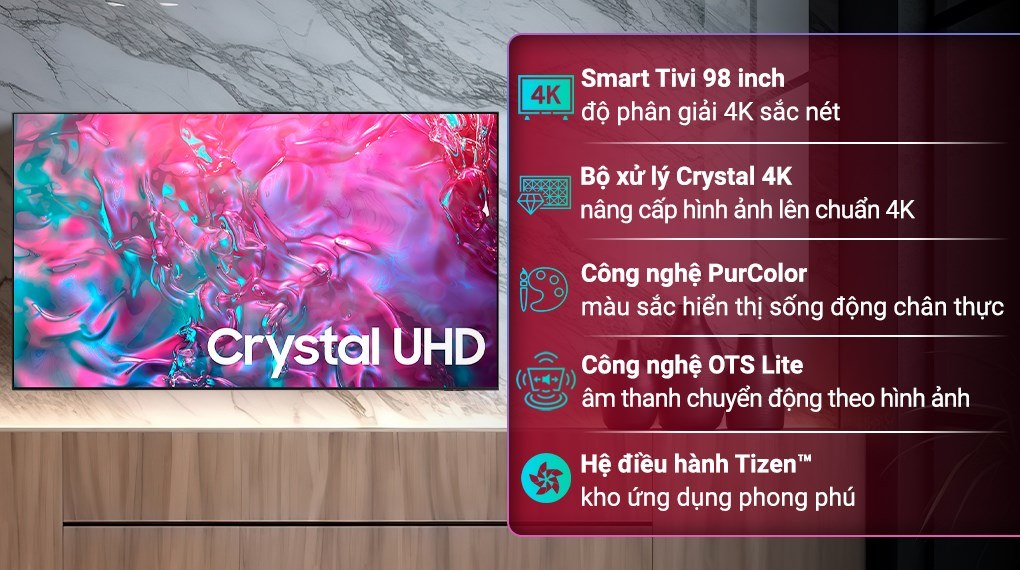 Cho thuê tivi 98 inch Samsung Crystal UHD 4K — công nghệ PurColor, OTS Lite, Tizen Smart TV