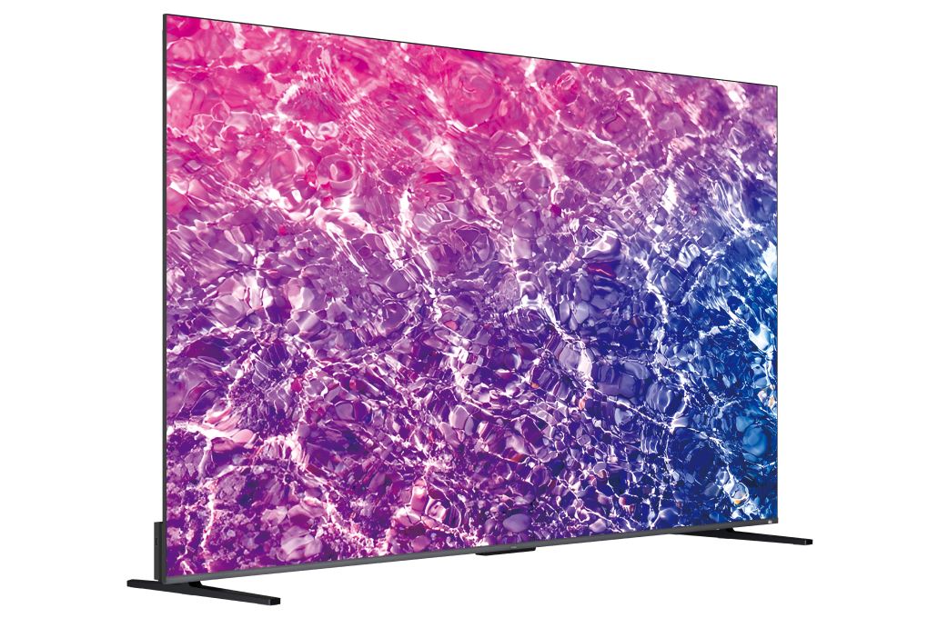 Haier H65M92GUX góc nghiêng trái — viền kim loại brushed siêu mỏng tràn viền