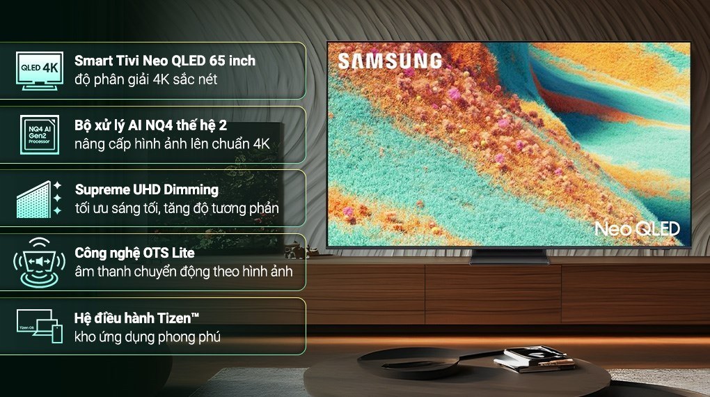 Samsung QA65QN90C Neo QLED 65 inch — đánh giá chi tiết Smart Tivi Neo QLED Samsung 4K 65 inch QA65QN90C mặt trước, Mini LED ~720 vùng dimming