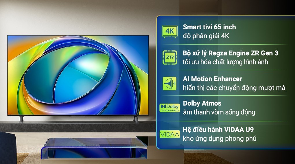 Smart Tivi Toshiba AI 4K 65 inch 65C350RP mặt trước, viền mỏng, chân đế chữ V